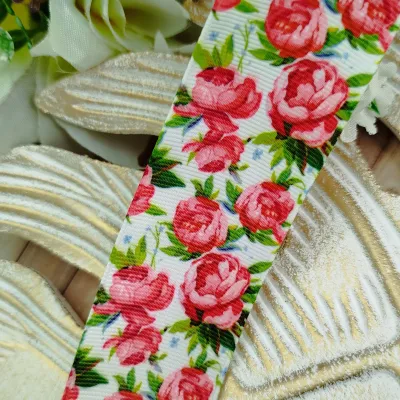 Fita Gorgurão 38mm No 9 Estampa Rosas Grandes Pink e Vermelho