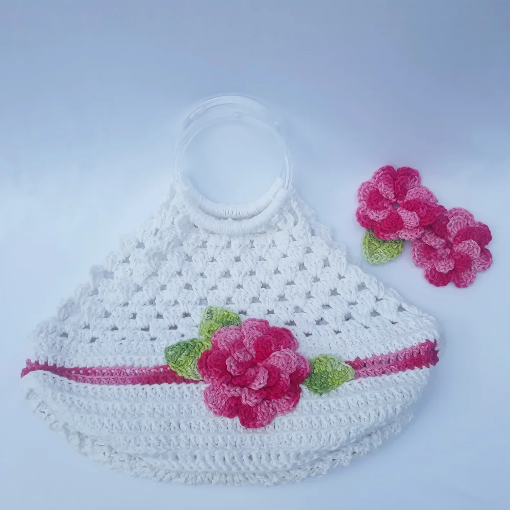 Porta Pratos em Crochê Av01 / Branco com Flor Rosa Mesclada - Imagem 2