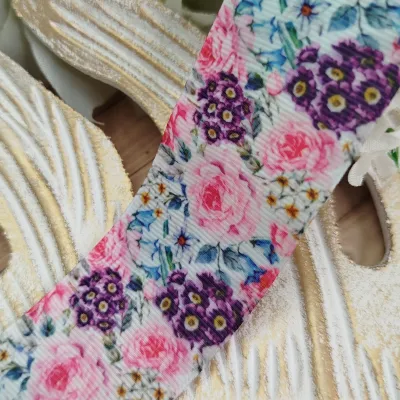 Fita Gorgurão 38mm No 09 Estampa Floral Colorida Rosa, Roxo e Azul