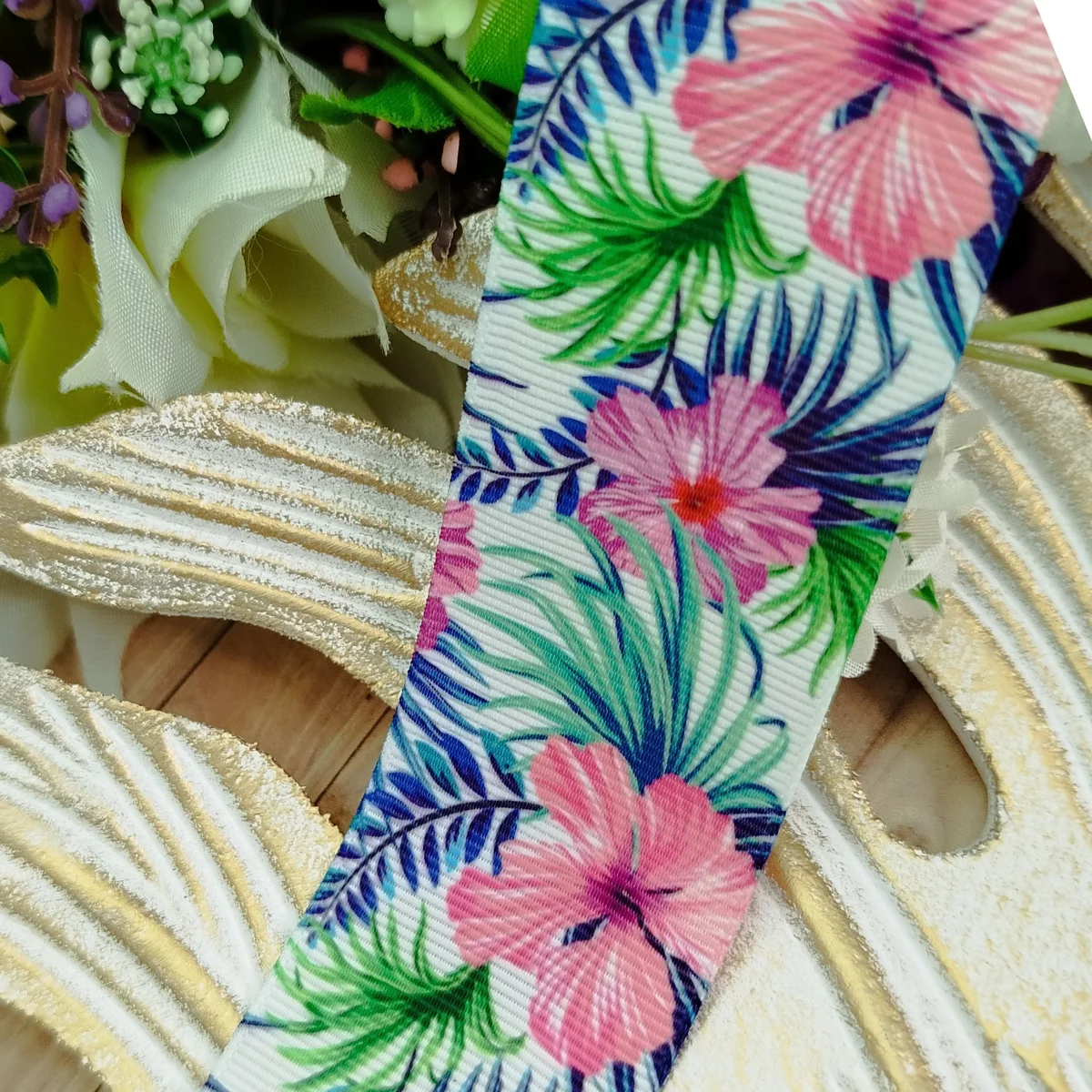 Fita Gorgurão 38mm No09 Estampa Tropical Hibiscos com Folhagem - Imagem 1
