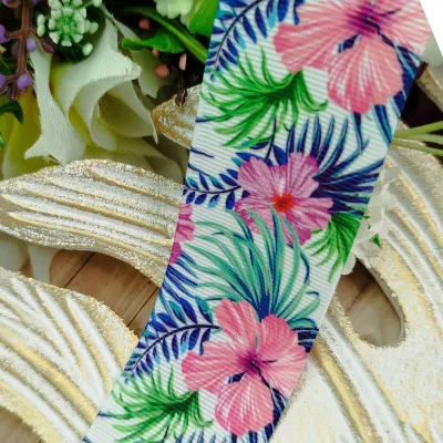 Fita Gorgurão 38mm No09 Estampa Tropical Hibiscos com Folhagem