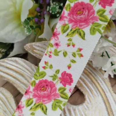 Fita Gorgurão 38mm No 09 Estampa Rosas Pink Country em Fundo Branco