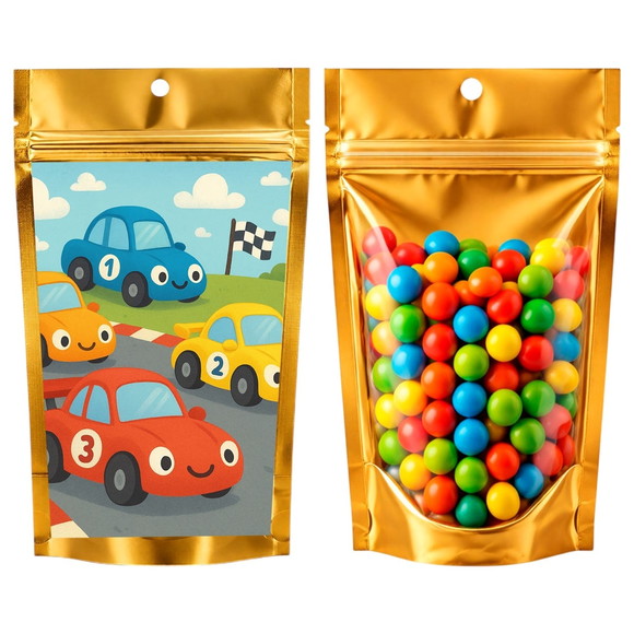 Saco Festa Metalizado Dourado 13x20 Carros de Corridas