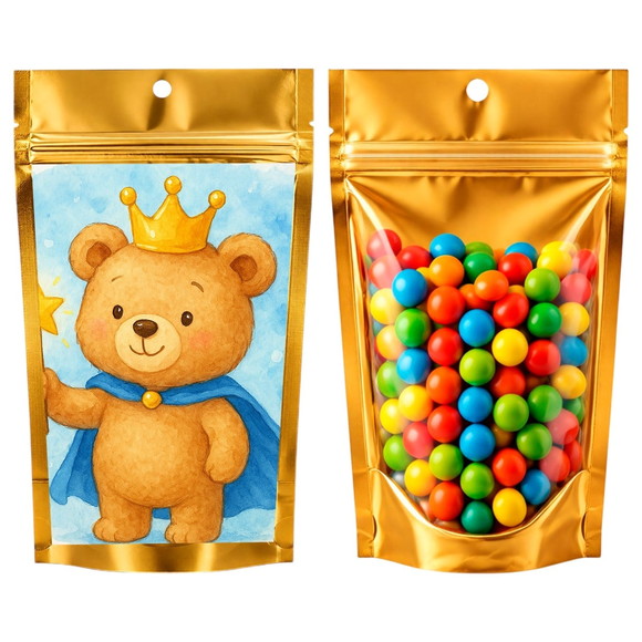 Saco Festa Metalizado Dourado 13x20 Ursinho Príncipe