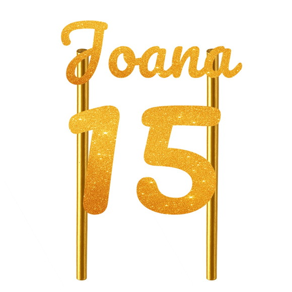 Topo de Bolo 15 Anos Glitter Nome Joana - Imagem 2