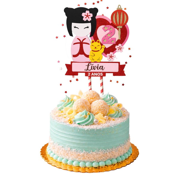 Topo de Bolo Premium Personalizado Kokeshi - Imagem 3
