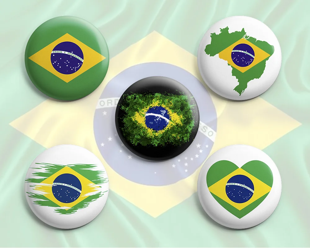 Kit 5 Bottons Brasil / Bandeira Do Brasil - Botum / Boton / Broche (3,5cm & 4,5cm) MOD1