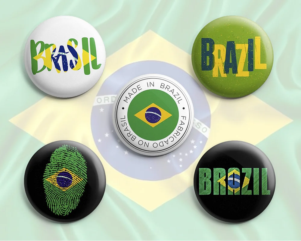 Kit 5 Bottons Brasil / Bandeira Do Brasil - Botum / Boton / Broche (3,5cm & 4,5cm) MOD2