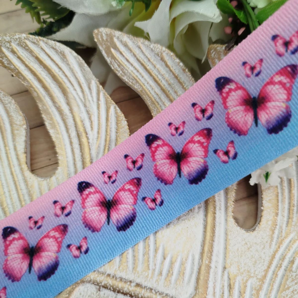 Fita Gorgurão 38mm No 09 Estampa Borboletas Rosa e Azul