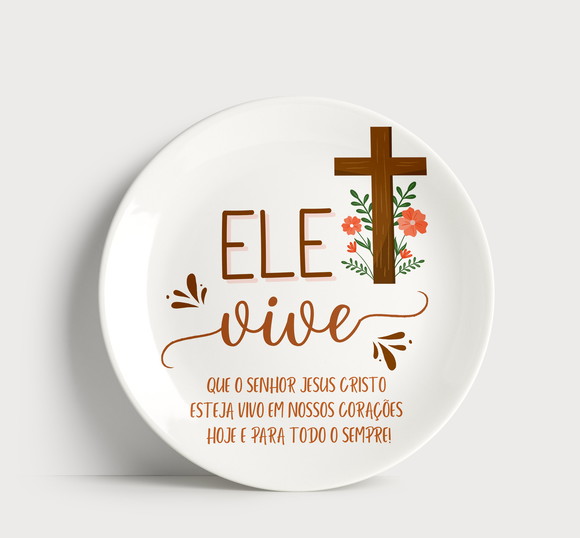 Prato Decorativo com Estampa Religiosa Ele Vive