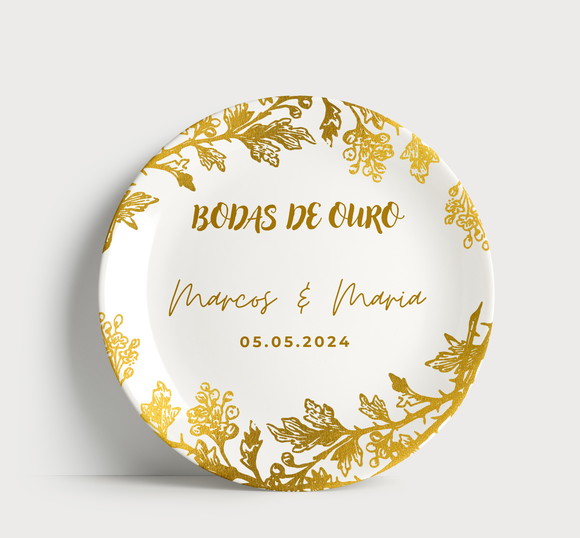 Prato Decorativo Bodas de Ouro Personalizado com Nome e Data
