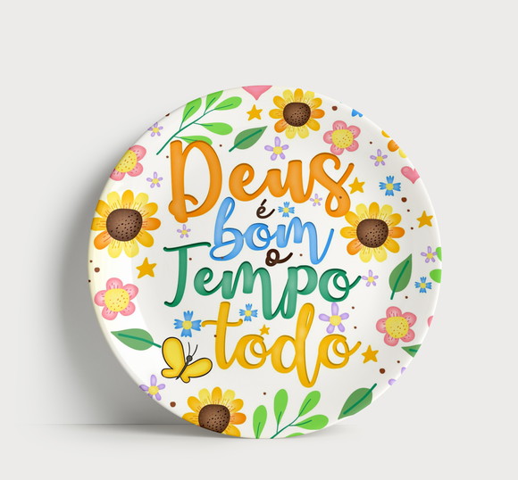 Prato Decorativo com Estampa Religiosa Deus É Bom