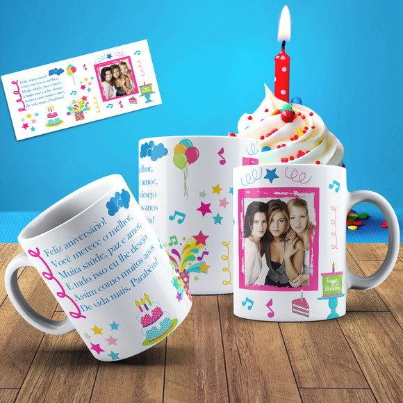 Caneca Porcelana Aniversário com foto