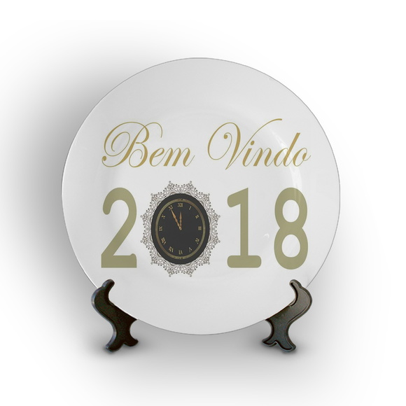 Prato Porcelana Decorativo Feliz Ano Novo 2018