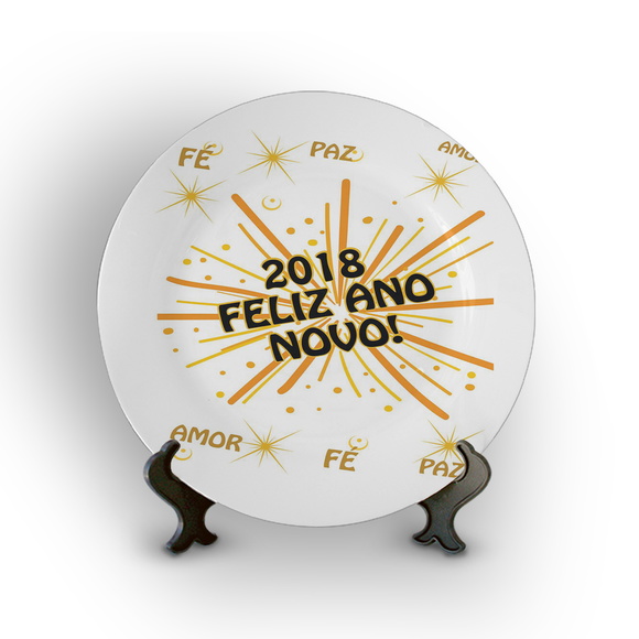 Prato Porcelana Decorativo Feliz Ano Novo