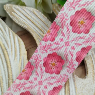 Fita Gorgurão 38mm No 09 Estampa Flores Pink com Arabescos Rosa