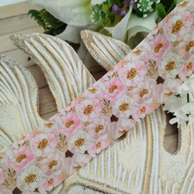 Fita Gorgurão 38mm Estampa Florzinhas Rosa Claro com Detalhes Caramelo