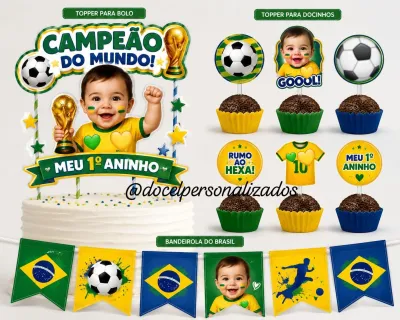Kit festa só um bolinho Copa do Mundo aniversário, mesversário,  com foto rostinho bebê decoração