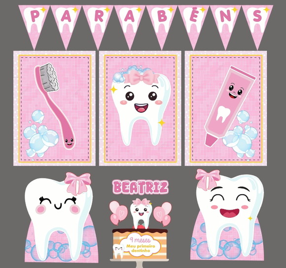 Kit Festa Só Um Bolinho Meu Primeiro Dentinho Rosa