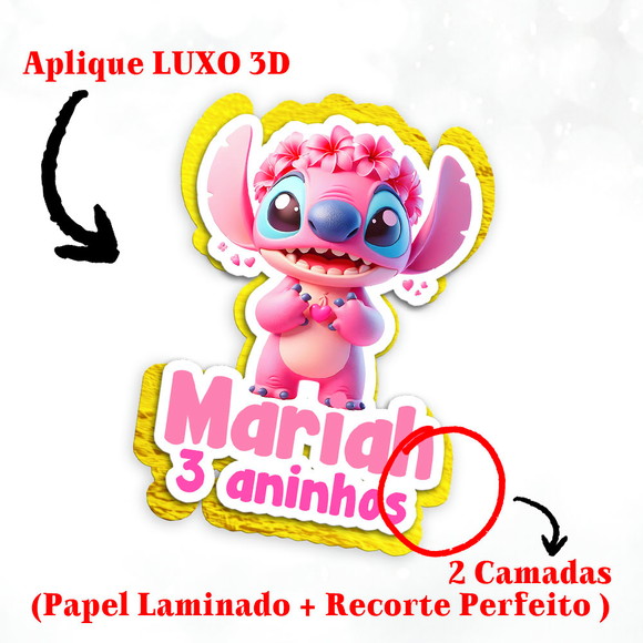 Aplique 3d Tema Stitch Angel com Papel Dourado para Tubete