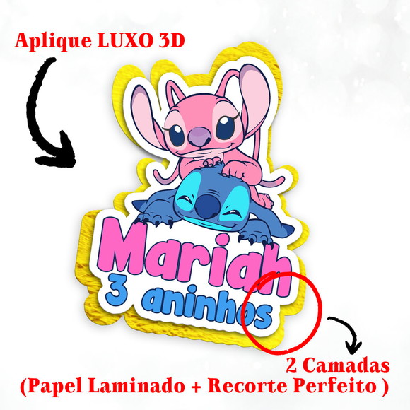 Aplique para Tubete Duas Camadas Stitch Angel Papel Dourado
