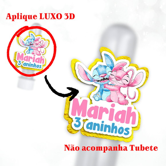 Aplique para Tubete Festa Aniversário Stitch Angel Efeito 3d