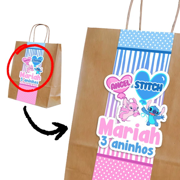 Lembrança Stitch Angel Sacola Kraft com Faixa Glossy