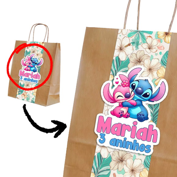 Sacola Kraft Lembrancinha Stitch e Angel Floral com Faixa 3d