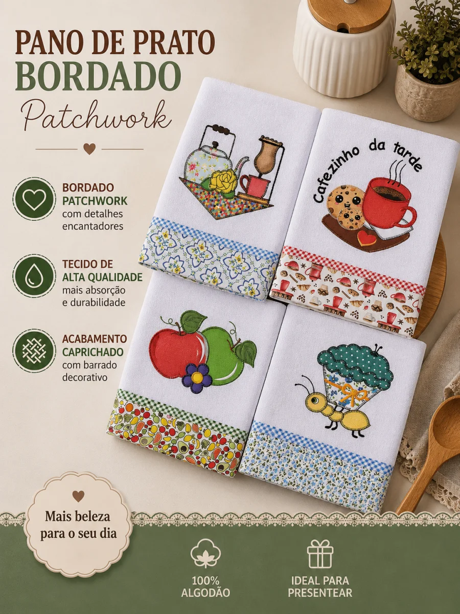Kit 10 Panos de Prato Patchwork com Viés de Algodão.