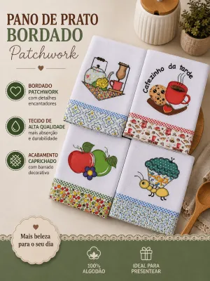 Kit 10 Panos de Prato Patchwork com Viés de Algodão.