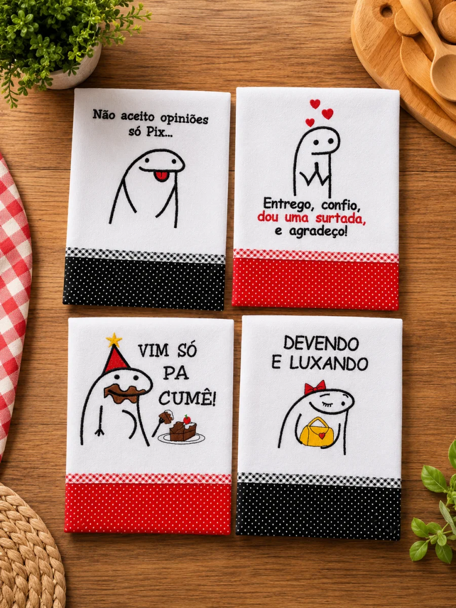 Kit 5 Panos de Prato Bordados Memes Frases Engraçadas - Imagem 3
