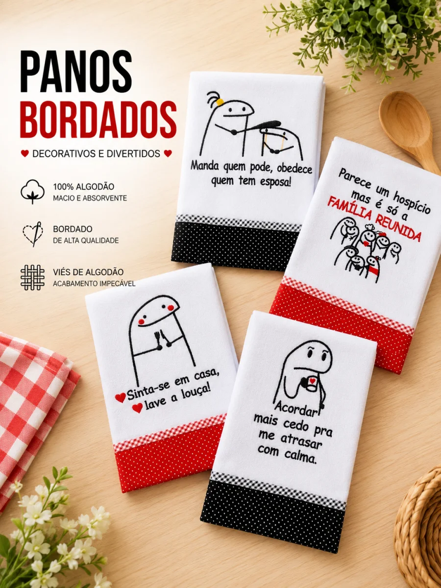 Kit 5 Panos de Prato Bordados Memes Frases Engraçadas - Imagem 2
