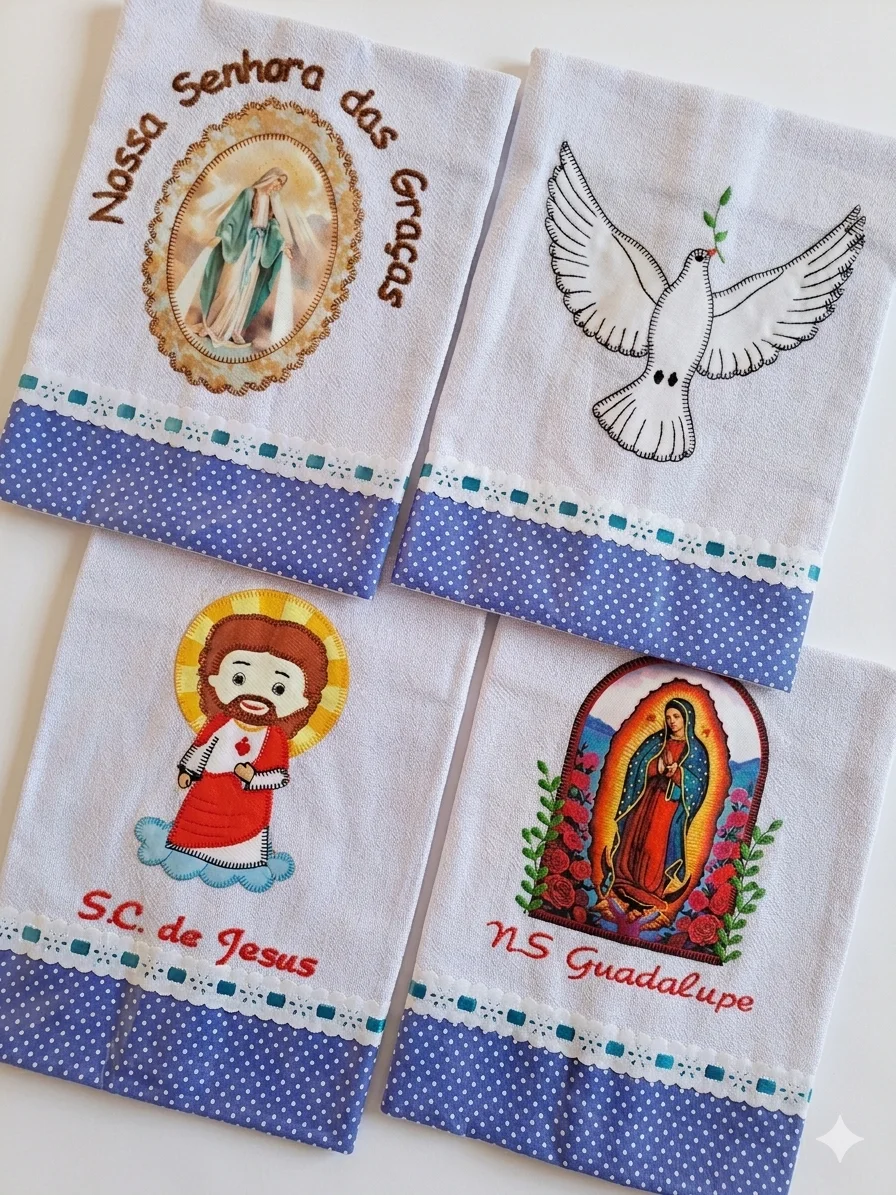 Kit 10 Panos de Prato Patchwork Religiosos com Passa Fita - Imagem 3