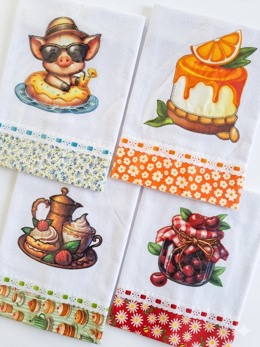 Kit 5 Panos de Prato Patchwork com Passa Fita e Fita de cetim - Imagem 7