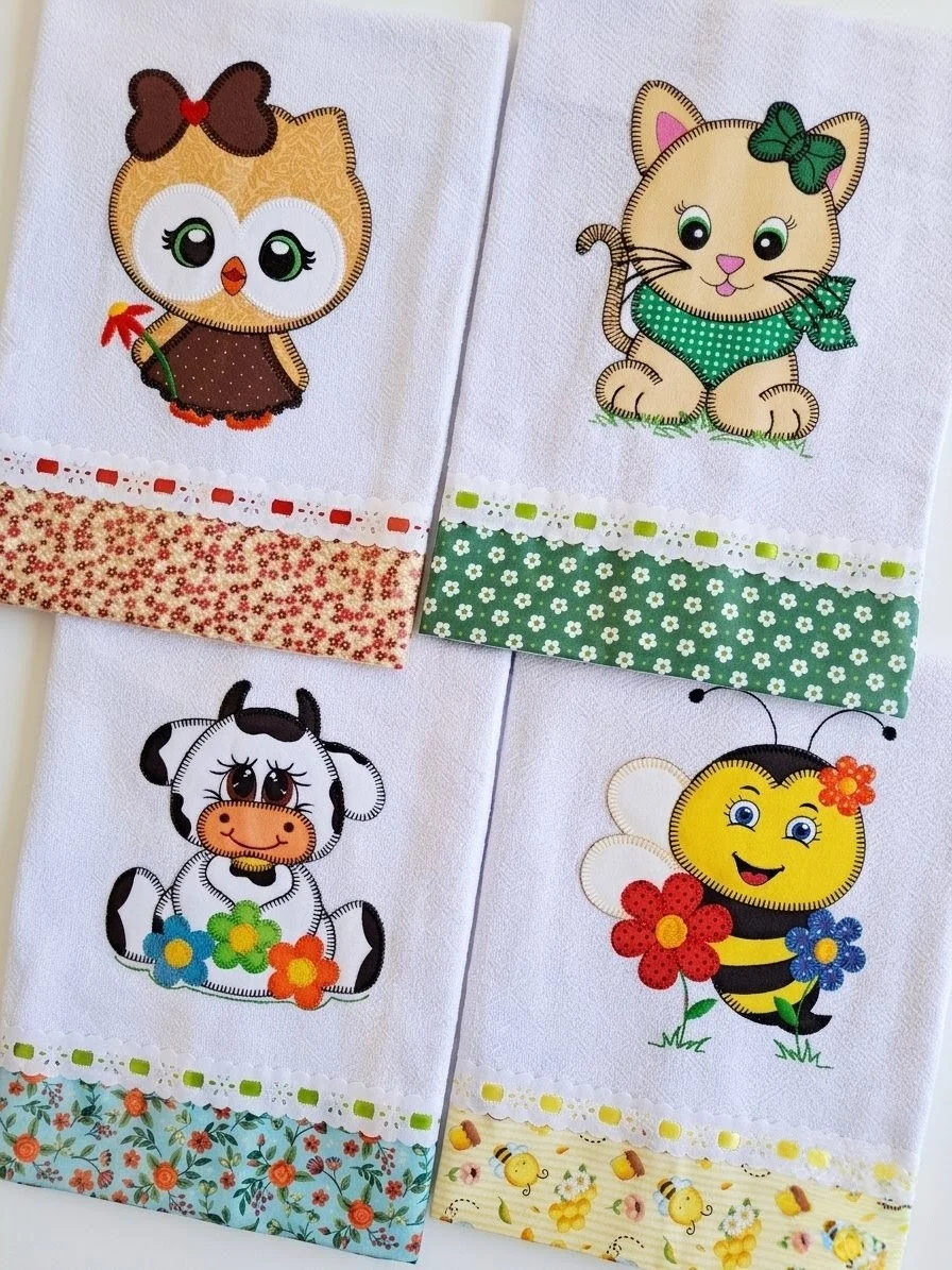Kit 5 Panos de Prato Patchwork com Passa Fita e Fita de cetim - Imagem 6