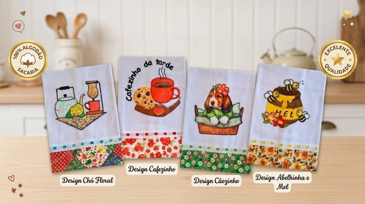 Kit 5 Panos de Prato Patchwork com Passa Fita e Fita de cetim - Imagem 5
