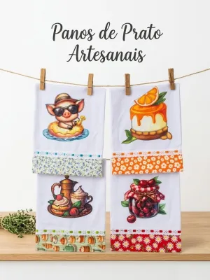 Kit 5 Panos de Prato Patchwork com Passa Fita e Fita de cetim