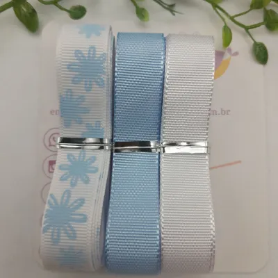 Kit de Fitas Gorgurão Floral Azul e Branco - Margaridas Azuis