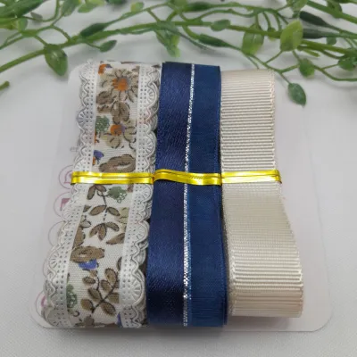 Kit de Fitas Estampa Flores Coloridas Azuis, Laranja e Bege Escuro