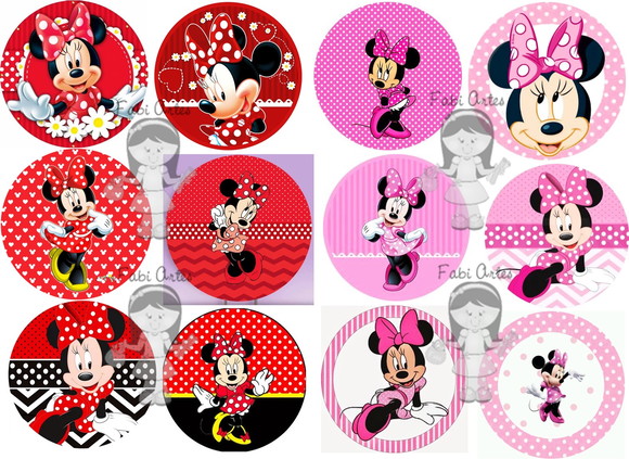 Minnie Vermelha ou Rosa Adesivo 5cm Redondo 25 Unidades