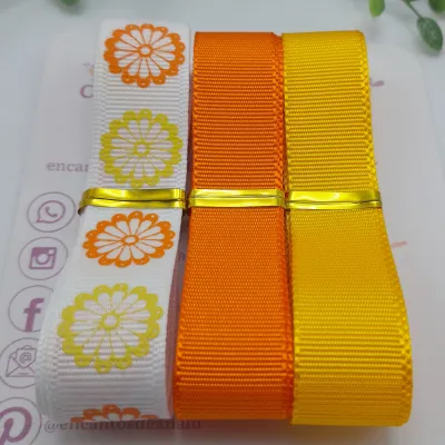 Kit Coordenado de Fita Amarela e Laranja com Estampa Margaridas