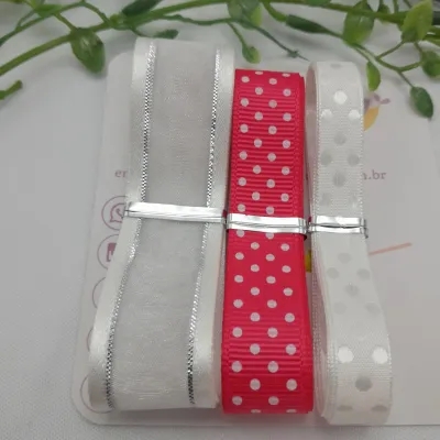 Kit de Fitas Coordenadas Gorgurão Pink Poá Branco e Voil/Cetim Brilho