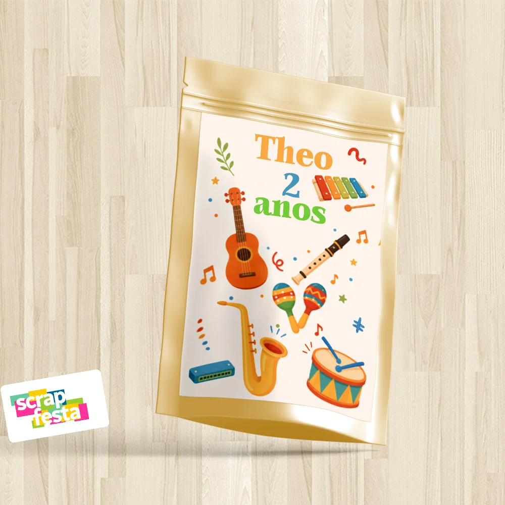 Saquinho Metalizado Dourado 10x15 Personalizado Festa Instrumentos Musicais Cristão - Imagem 1