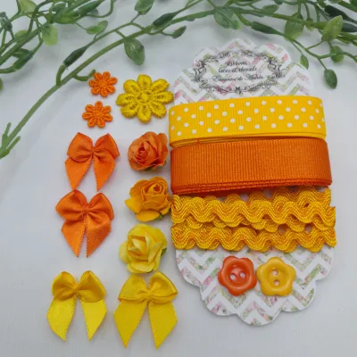 Cartela Aviamentos Coordenados Amarelo e Laranja - Kit Fracionado Scrapbook e Artesanato