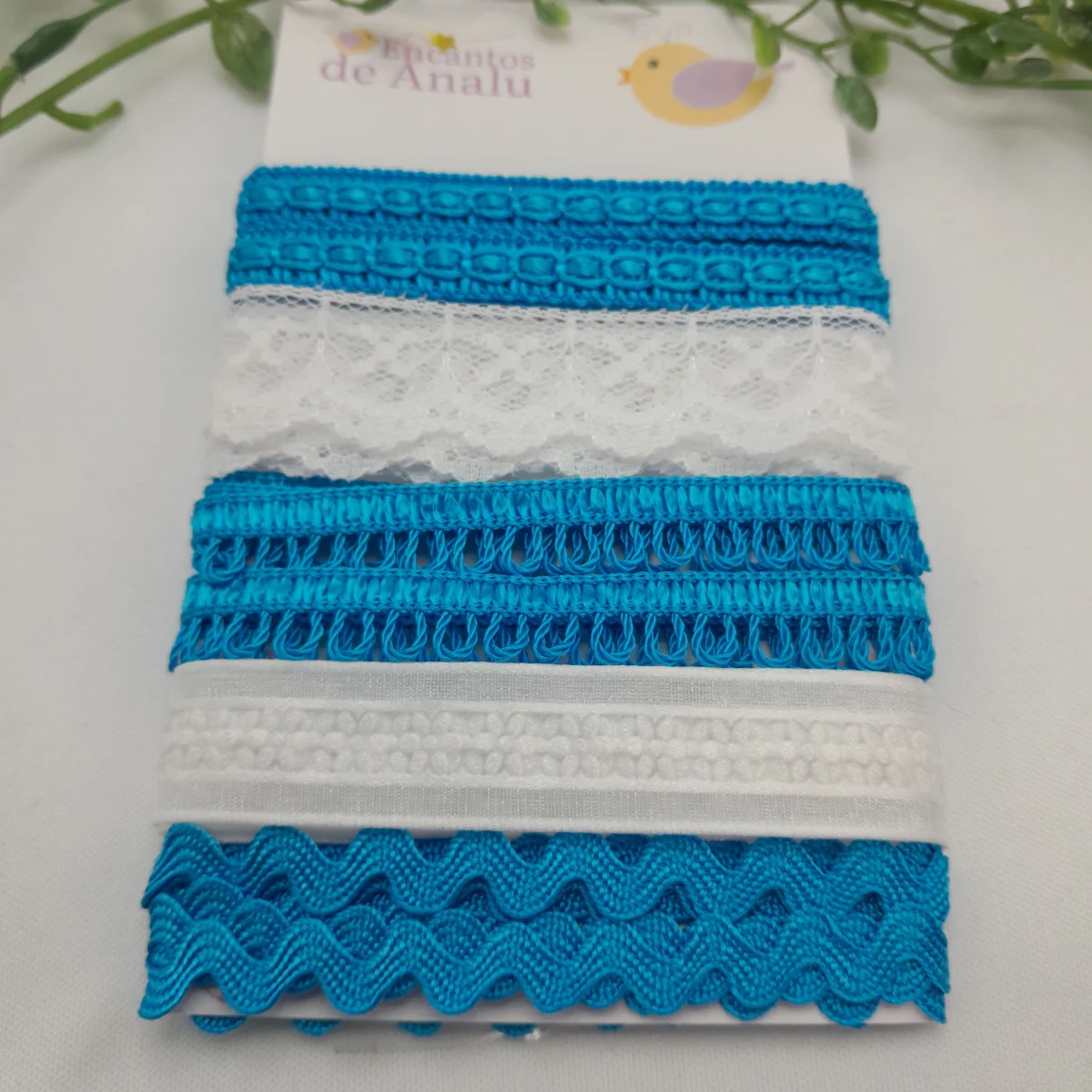 Kit de Aviamentos Azul Turquesa e Branco — Passamanaria, Sianinha, Ponto Curva, Renda e Voil