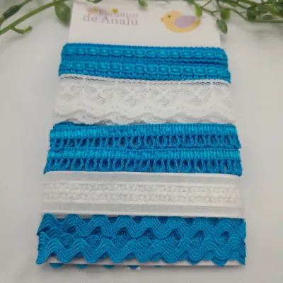 Kit de Aviamentos Azul Turquesa e Branco — Passamanaria, Sianinha, Ponto Curva, Renda e Voil