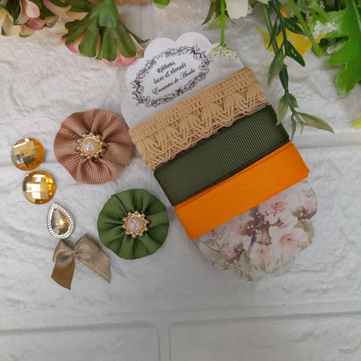 Cartela Aviamentos Coordenados Bege, Verde e Laranja para Artes e Scrap - Imagem 7
