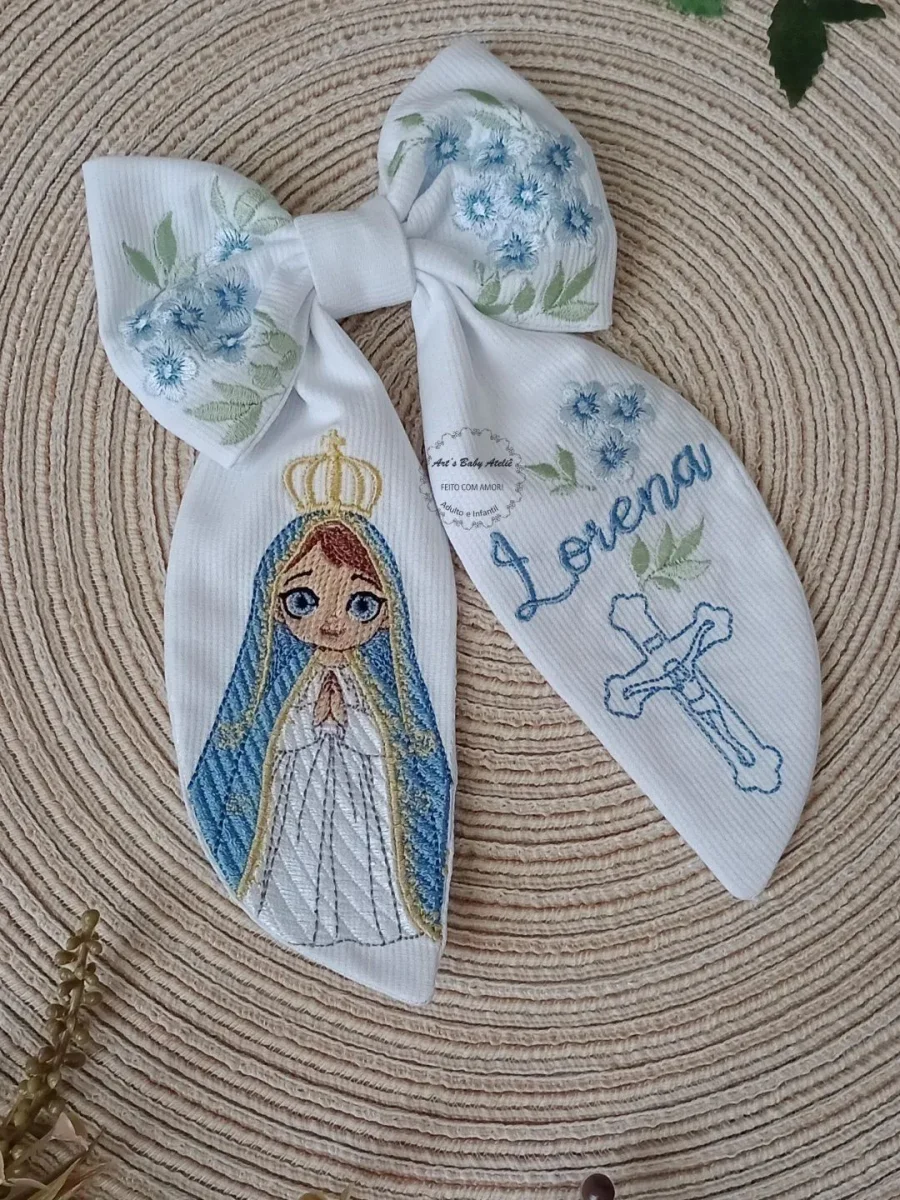 Laço Infantil Nossa Senhora Personalizado com Nome Bordado Laço Religioso para Meninas - Imagem 4