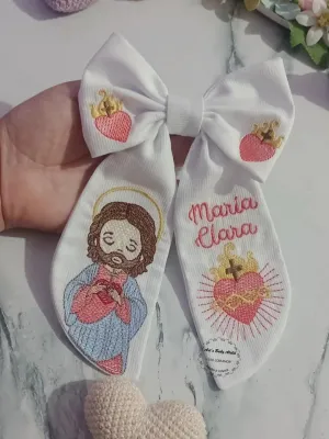 Laço Religioso Infantil Sagrado Coração de Jesus Personalizado com Nome Bordado Exclusivo