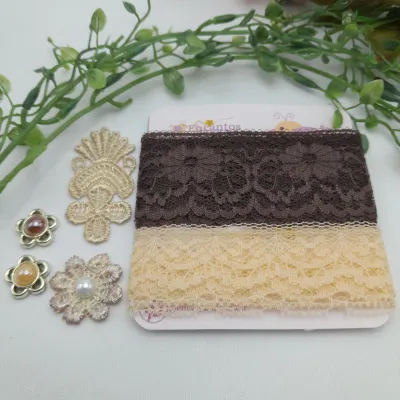 Cartela de Rendas Chaton e Guipir Marrom e Bege para Scrapbook e Artesanato